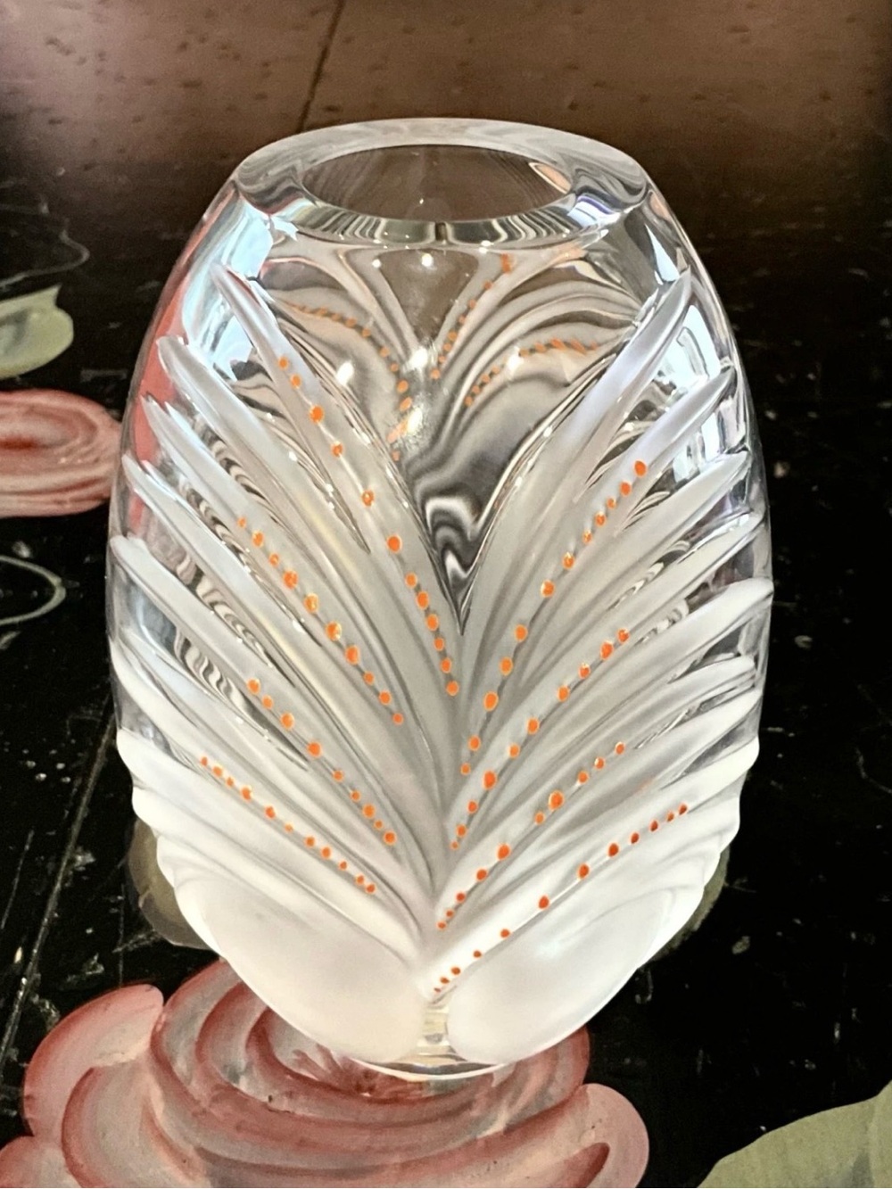 Vintage Lalique Maria Claude "Chamarel" Vase Hand Applied Enamel Dots Signed